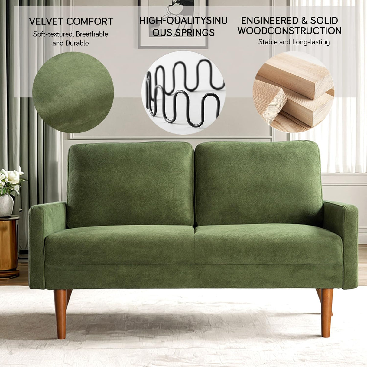 Majnesvon 56" Velvet Love seat Sofa,Modern Style Futon Couches for Living Room,Small Loveseat for Small Spaces,2 Seater Couch with Upholstered Seat,Chic Living Room Furniture Seating for Home (Green) Majnesvon