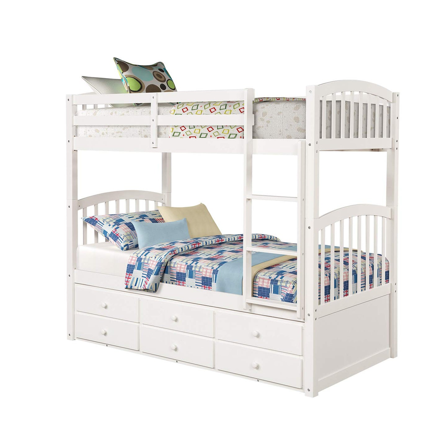 Harper & Bright Designs Twin Over Twin Bunk Bed with Trundle and Storage Drawers, Wood Bunk Bed with Safety Rail and Ladder for Kids Teens Adults, No Box Spring Required (White)