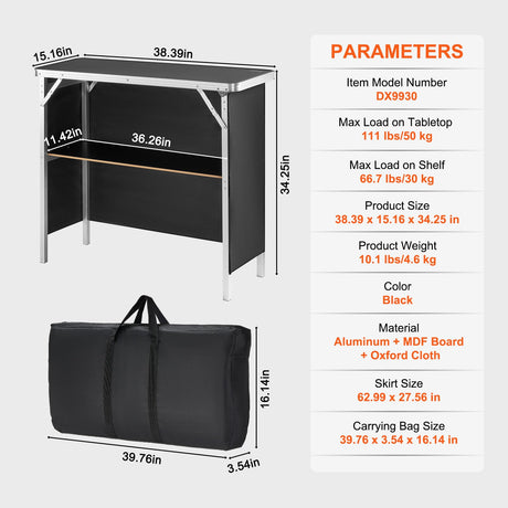 VEVOR Folding Portable Bar Table, Tradeshow Podium Table for Indoor, Outdoor, Party, Picnic, Exhibition, Includes Carrying Case, Storage Shelf and Black Skirt, 38.39" x 15.16" x 34.25" VEVOR