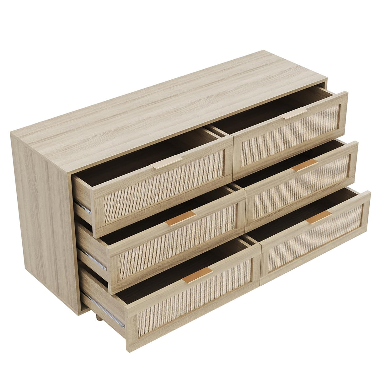 Angel Sar Rattan Dresser for Bedroom, 6 Drawer Wide Dresser, Boho&Farmhouse Chest of Drawers, 51" Clothes Storage Cabinet, Metal Handle&Wood Legs for Hallway, Living Room, Bedroom, Wood Angel Sar