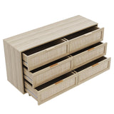 Angel Sar Rattan Dresser for Bedroom, 6 Drawer Wide Dresser, Boho&Farmhouse Chest of Drawers, 51" Clothes Storage Cabinet, Metal Handle&Wood Legs for Hallway, Living Room, Bedroom, Wood Angel Sar