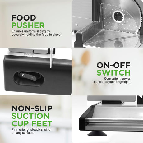 Nutrichef Electric Meat Slicer | 200W Automatic Meat, Deli & Bread Slicer | Adjustable Dial for 0-15mm Cutting Range Thickness | Removable 7.5 IN Stainless Steel Blade & Food Pusher for Safety (Black) NutriChef