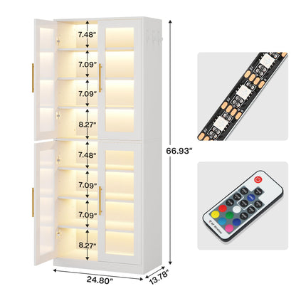 Tribesigns Tall Shoe Storage Cabinet with Acrylic Doors and LED Lights, 8-Tier Entryway Shoe Organizer Rack with Adjustable Shelves and Hanging Hooks for Narrow Closet, Hallway, Living Room, White