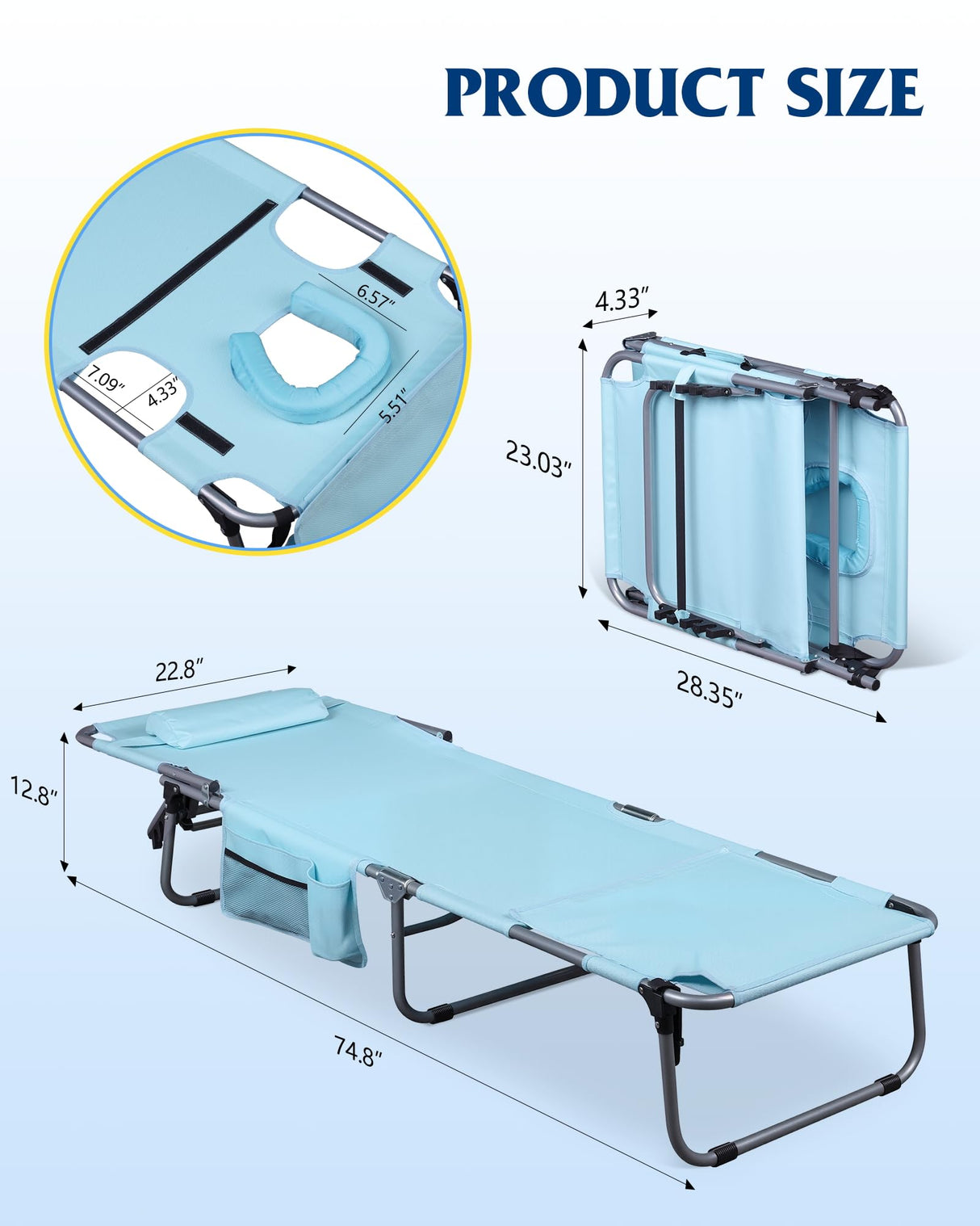 WLIVE Outdoor Tanning Chair, 5-Position Folding Beach Chair with Face Hole, Portable Patio Lounge Chair for Beach, Pool,Camping, Light Blue WLIVE