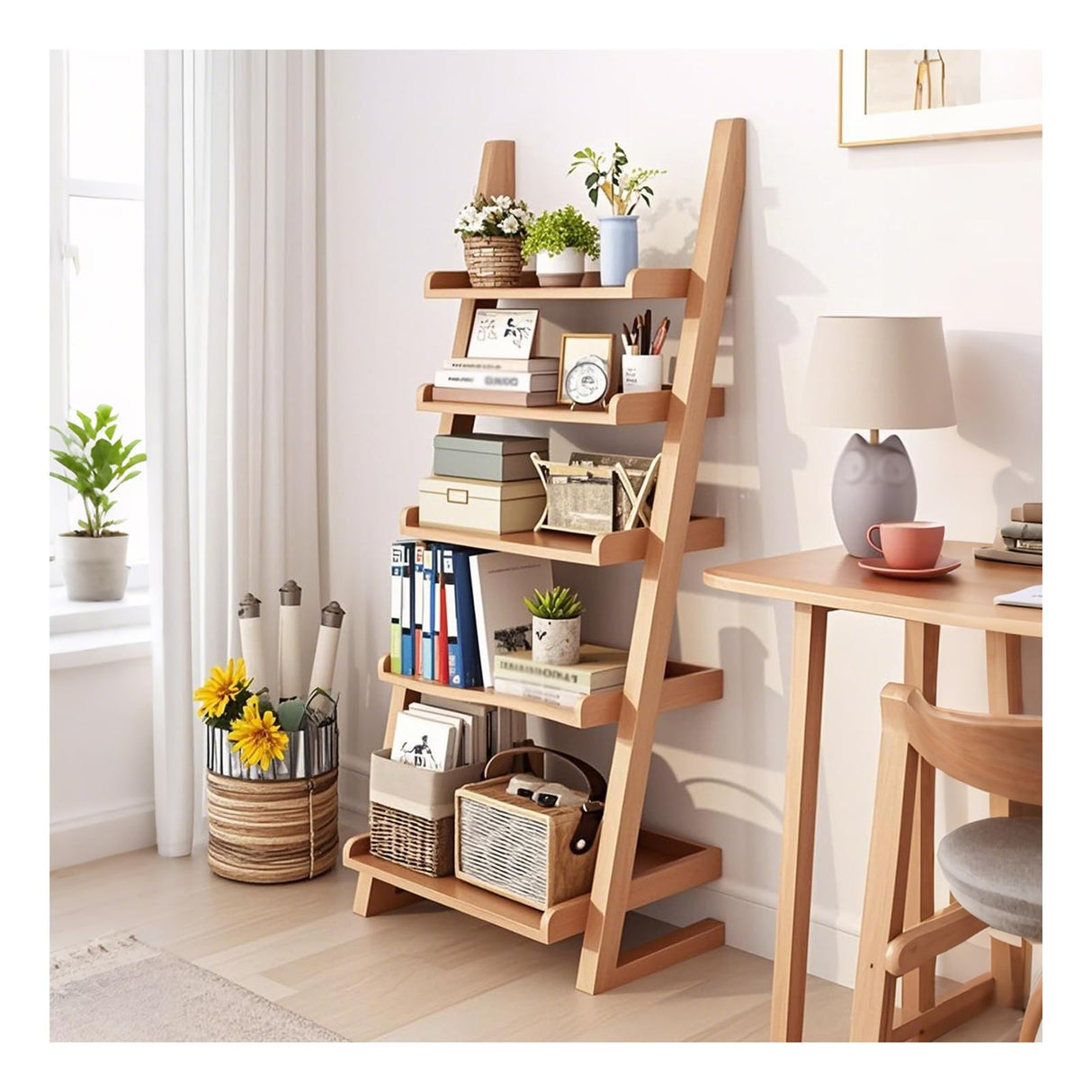 BFECGDXT 5 Tier Ladder Bookshelf, Wooden Ladder Shelf Bookcase Space-Saving, Freestanding Storage Rack Organizer for Living Room, Home Office and Bedroom, Wood Color BFECGDXT