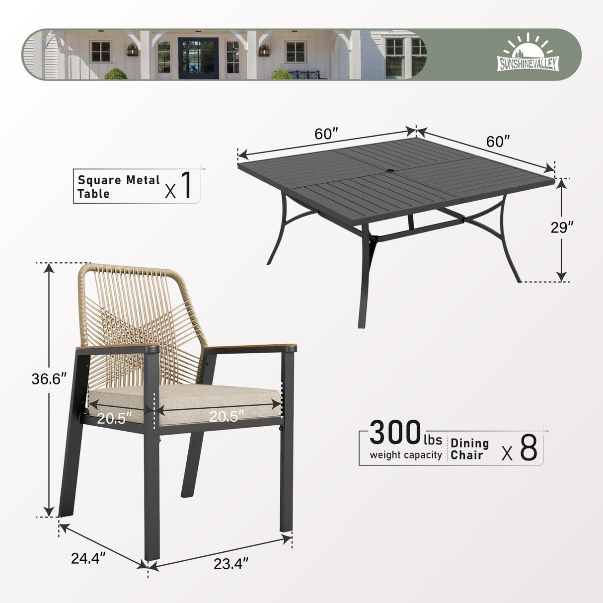 9 Pieces Patio Dining Set, 8 x Woven Rattan Chairs with Waterproof Cushion, 60" Square Metal Dining Table with Umbrella Hole, Outdoor Table and Chairs Set for Backyard Lawn and Deck, Beige SUNSHINE VALLEY