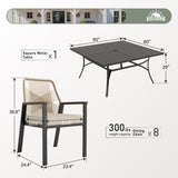 9 Pieces Patio Dining Set, 8 x Woven Rattan Chairs with Waterproof Cushion, 60" Square Metal Dining Table with Umbrella Hole, Outdoor Table and Chairs Set for Backyard Lawn and Deck, Beige SUNSHINE VALLEY