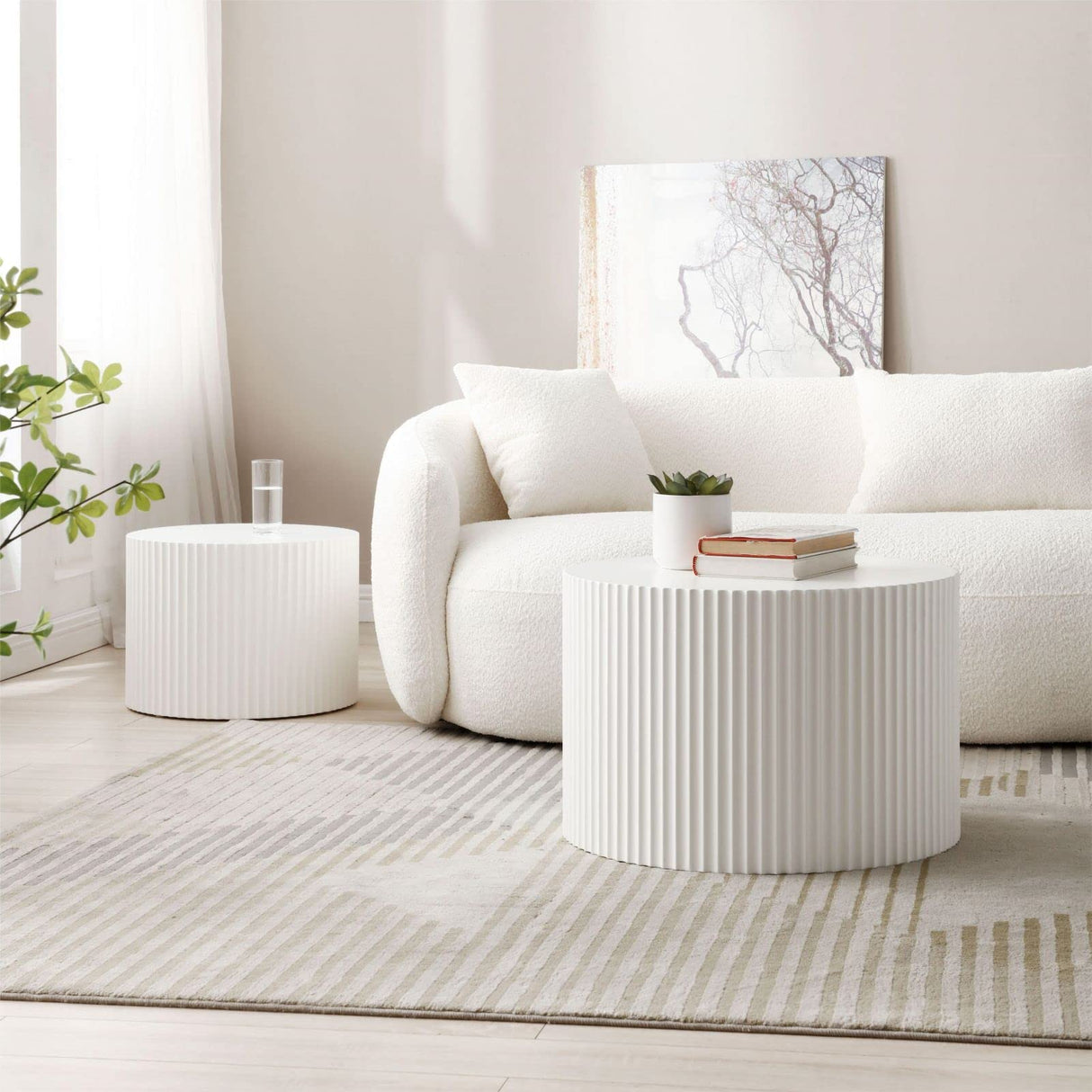 KEVINSPACE Round Coffee Table Set of 2 Nesting Coffee Table Modern for Living Room, Round End Table Set, Wooden Circle Side Table No Need Assembly Accent Furniture for Bedroom Balcony Lounge White KEVINSPACE