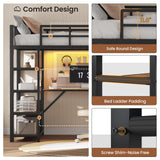 UPOSOJA Loft Bed Twin Size with L Shape Desk,4 Drawers,3-Tier Storage Shelves Metal Loft Bed Frame with Power Outlet and LED Lighted,No Box Spring Needed,Space-Saving,Noise Free,Black UPOSOJA