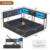 Hasuit Corner Full Lift Up Storage Bed Frame with Charging Station & LED Lights, Full Day Bed with Upholstered Headboard and Bookcase, Corner Beds with Hydraulic for Kids Teens Guests, Black Hasuit