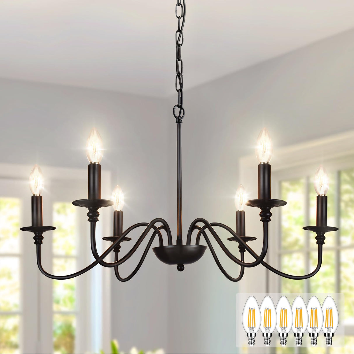 Depuley Farmhouse Chandelier for Dining Room: 6-Light Black Industrial Kitchen Island Pendant Light Fixture with 6 E12 Bulbs - Rustic Candle Chandeliers Vintage Modern Hanging Ceiling Lamp for Bedroom Depuley