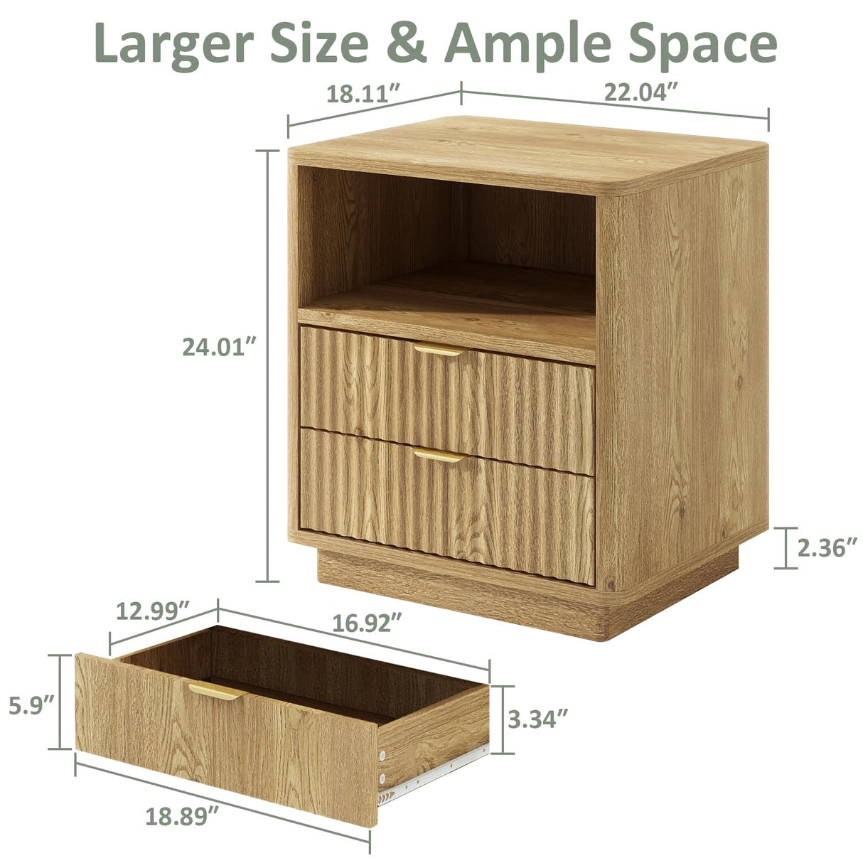 Fluted Nightstands Set of 2, Brown Night Stands with 2 Drawers and Open Shelves, Wooden Bedside Table Modern Design End Table for Bedroom Sofa Office (2, Natural Oak) ROCSUMOO