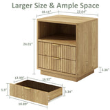 Fluted Nightstands Set of 2, Brown Night Stands with 2 Drawers and Open Shelves, Wooden Bedside Table Modern Design End Table for Bedroom Sofa Office (2, Natural Oak) ROCSUMOO