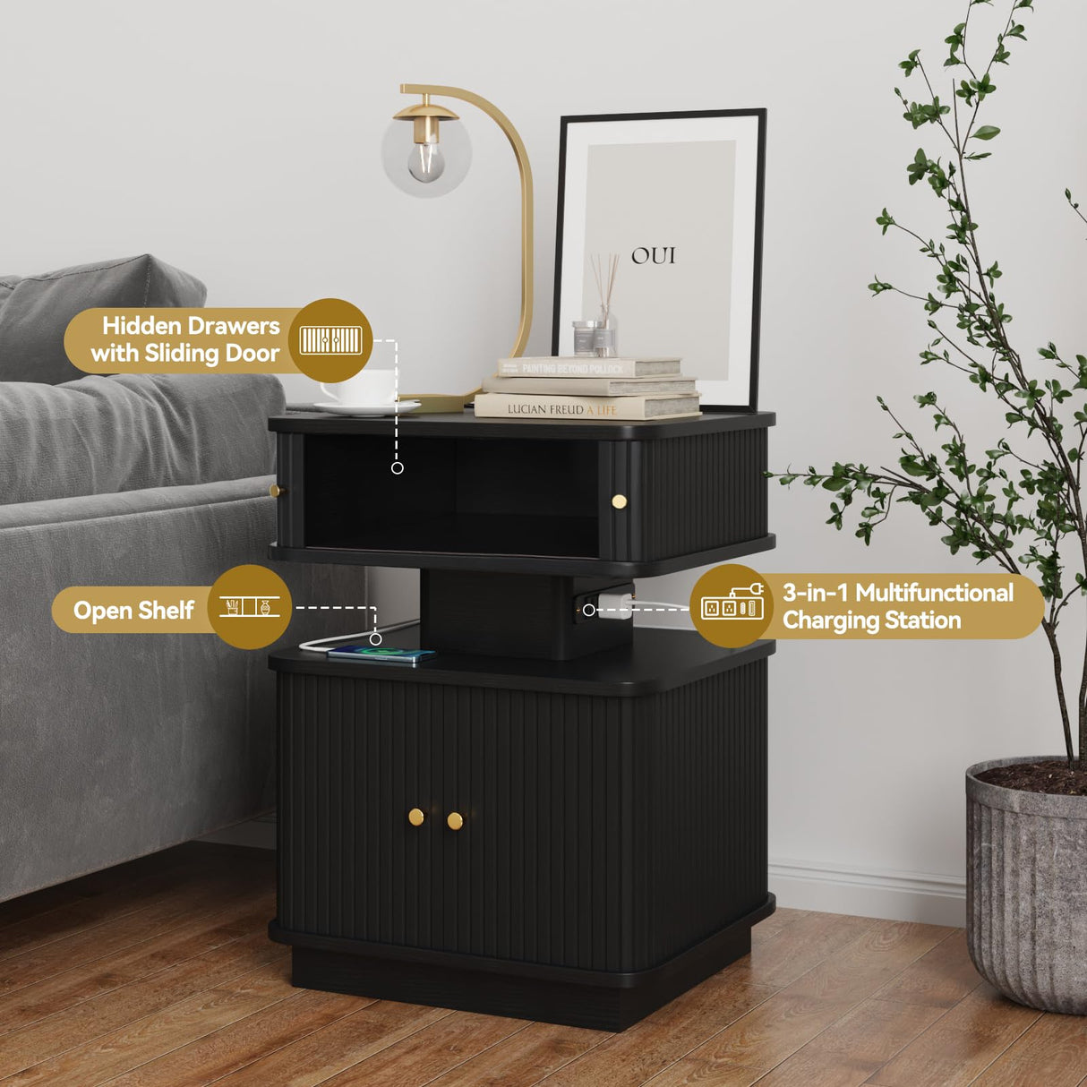 Night Stand, LED Nightstand, Bedroom Night Stand with Charging Station, 2 Drawer Nightstand, Modern Nightstands with Curvy Edge and Sliding Door, Small Bedside Table for Bedroom, Black AKMAKM