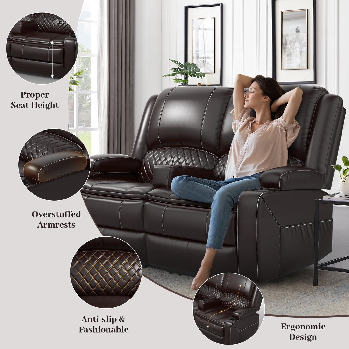 Yolsali Loveseat Recliner Sofa, Manual Reclining Loveseat with Removable Armrest, Faux Leather Recliner Loveseat for Adults with 2-Tier Cushions, USB Charging Ports, Cup Holders - Brown