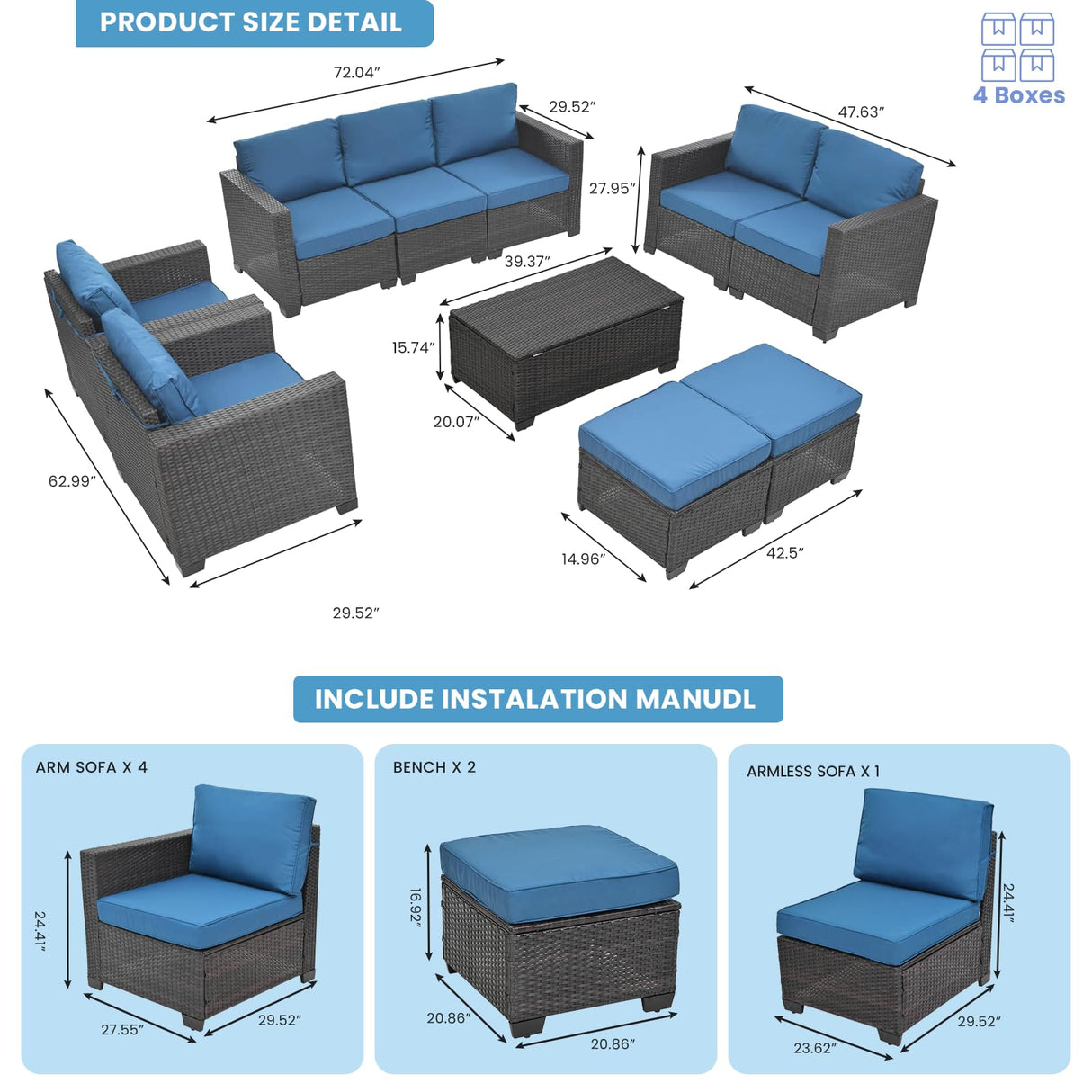 HiDSLiving 10 Pieces Patio Furniture Sets Outdoor,Manual Weaving Wicker Rattan Sectional Sofa Patio Conversation Sets with Cushions & Coffee Table with Hidden Storage for Outside, Balcony, Porch HiDSLiving