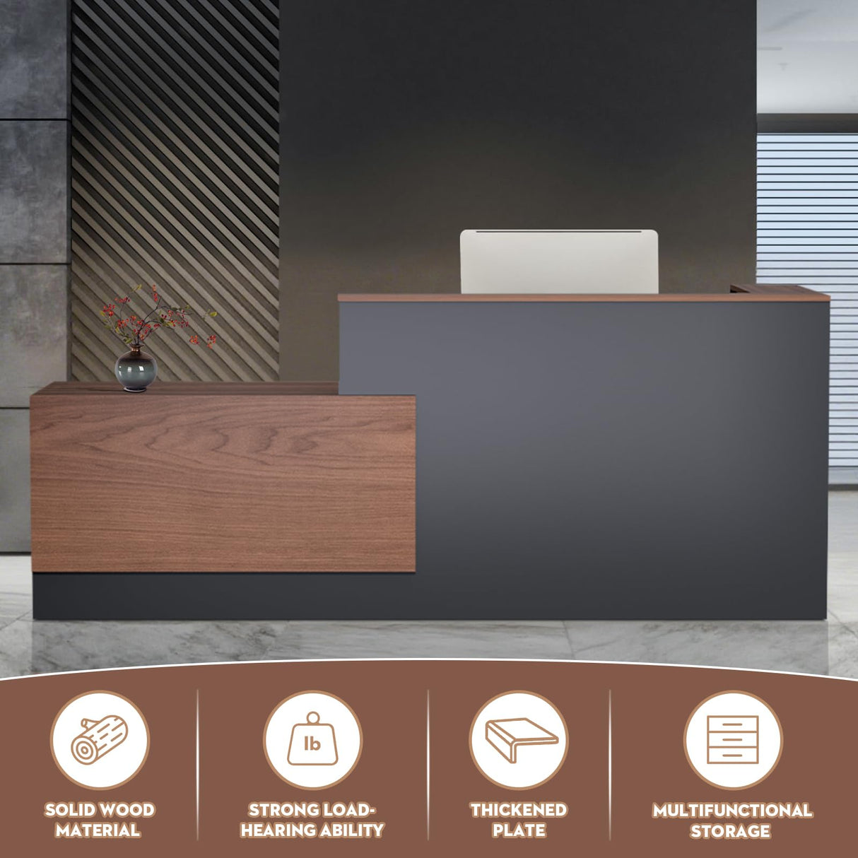 Easilywinlife 86.6IN Modern Wooden Commercial L Shaped Reception Desk with Counter, Lockable Drawers, Door Cabinet, Front Desk for Checkout, Lobby, Beauty Salon, Walnut, Right Cabinet Easilywinlife