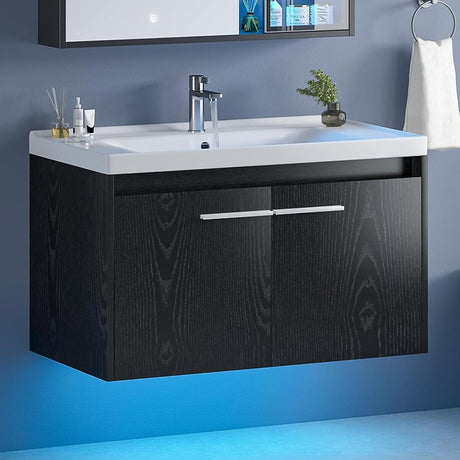 4ever2buy 31" Black Bathroom Vanity with Sink, Floating Bathroom Sink Cabinet with LED Light, Modern Clearance Bathroom Vanities with 2 Doors & Metal Handles 4ever2buy