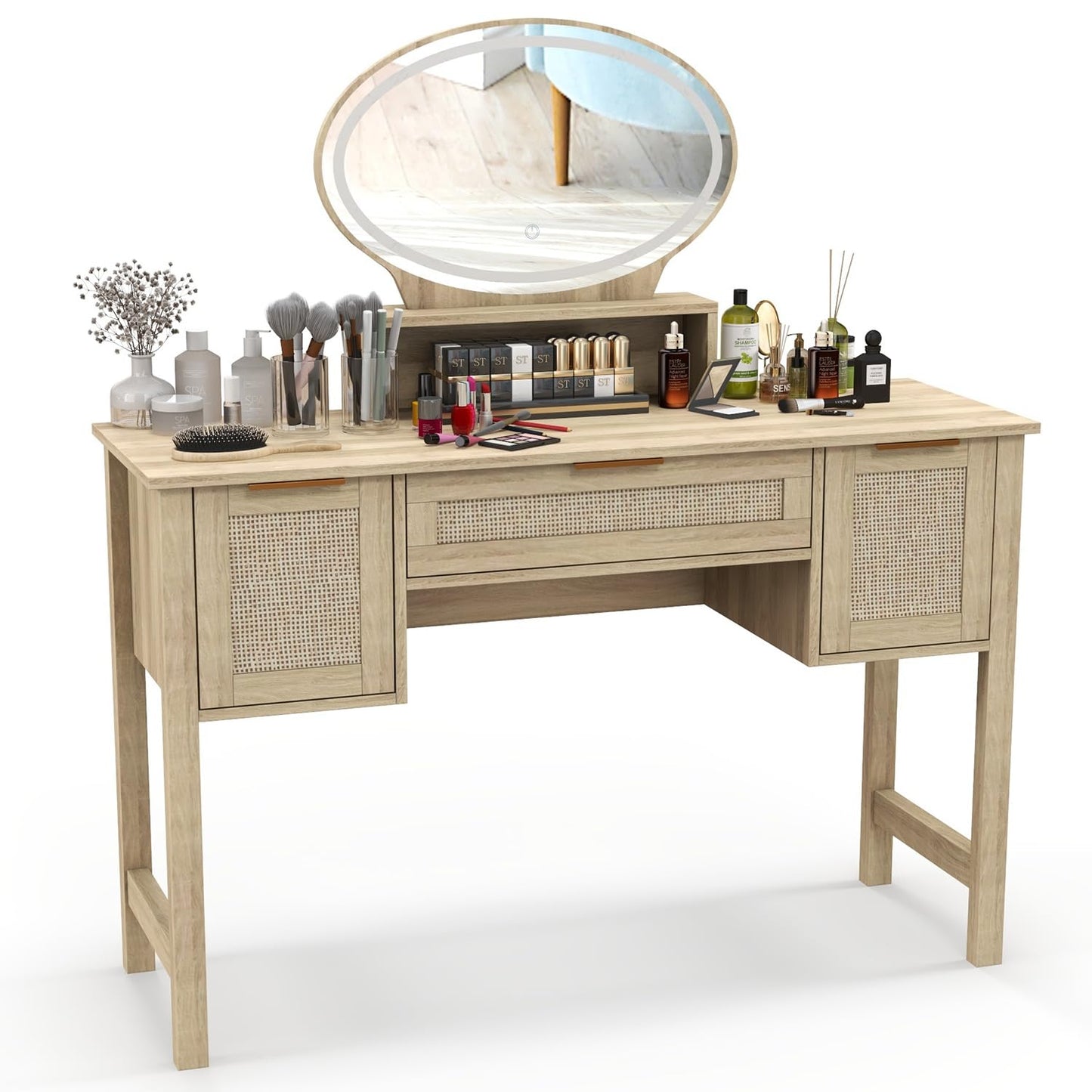 Vikiullf Rattan Vanity Desk with Led Lighted Mirror - 47 in Wood Makeup Vanity with Rattan Drawers & Cabinet, Dressing Makeup Table, for Girls Bedroom (Rattan, 47 inches) - WoodArtSupply