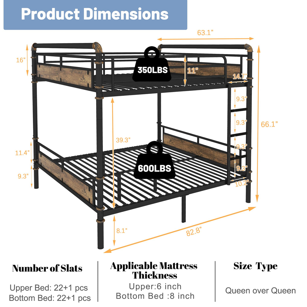 Mirightone Queen Over Queen Bunk Beds for Teens or Adults,Industrial Heavy-Duty 2 in 1 Metal Convertible Bunk Bed with Ladder and Slats Support,15.9" High Guard Rail,Space-Saving,Noise Reduced,Black Mirightone