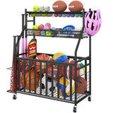 Jsskeeim Garage Sports Equipment Organizer,Sports Ball Organizer with Wheels,Mesh Pocket, Basket,Ball Organizer with Baseball Bat Rack and HooksToy Storage Rolling Cart-Black Jsskeeim