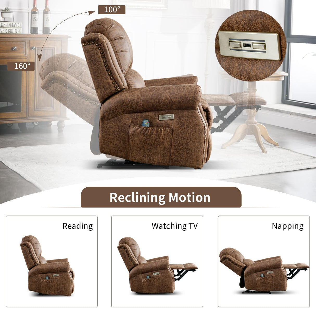 HAOMARKETS Classic Power Recliner Chair with Massage and Heat, Breathable Faux Leather Electric Recliner with USB Port, Overstuffed Reclining Sofa with Rivets for Living Room, Brown HAOMARKETS
