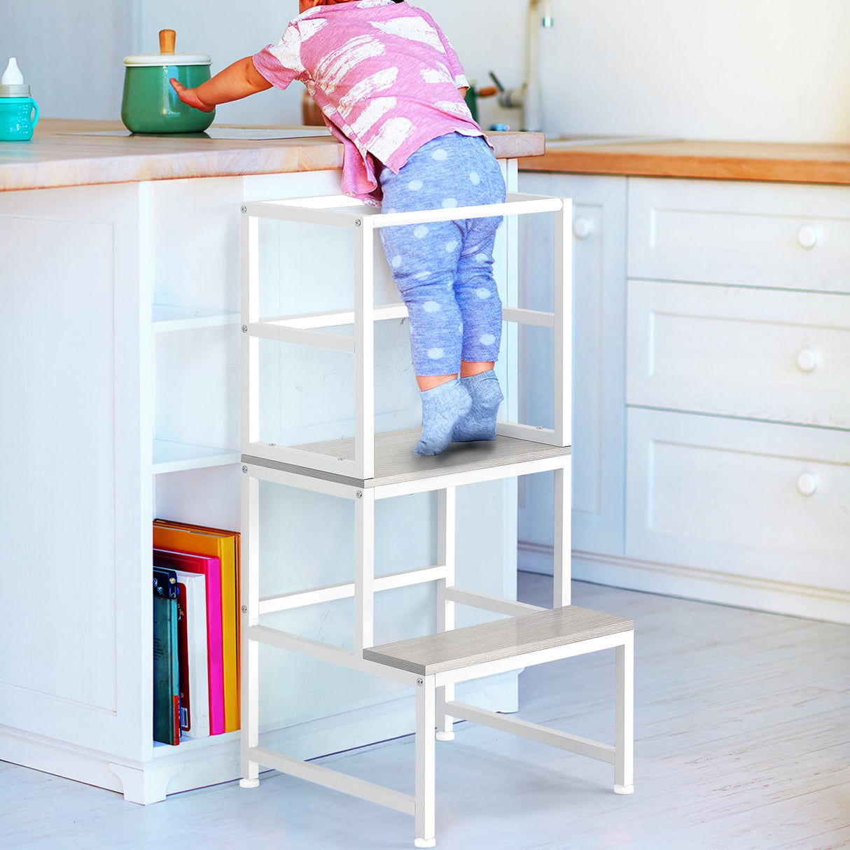 LIANTRAL Toddler Kitchen Stool Helper, Toddler Standing Tower with Safety Rail, Kids Kitchen Step Stool, Wood and Metal, Kids Counter Level Learning Stool for Kitchen, Bathroom, White LIANTRAL