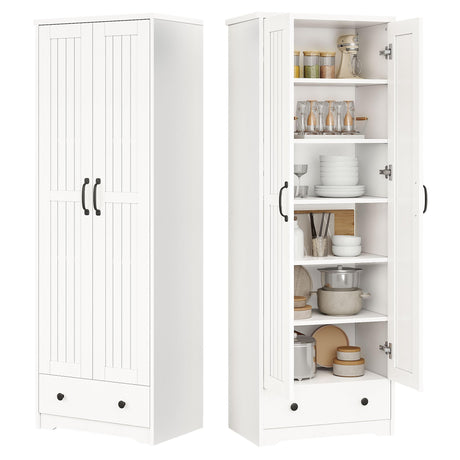 70" Tall Storage Cabinets, Large Wood Storage Pantry Cabinet with 6 Adjustable Shelves, 2 Striped Doors & Drawer, Standing Utility Cabinet for Kitchen, Bathroom, Dining Room, Antique (White) Decofy