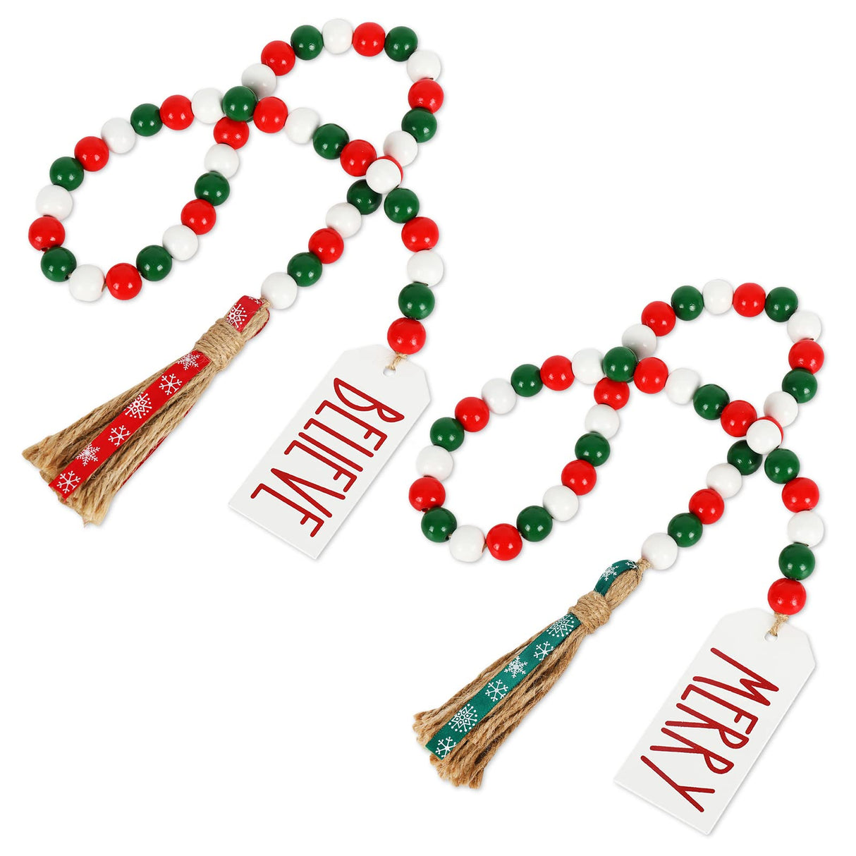 Whaline 2Pcs Christmas Wooden Bead Garlands Xmas Natural Wood Bead Garland with Rope Tassel Classical Red Green Beads Hanging Decor for Farmhouse Tiered Tray Home Wall Decor Christmas Party Suppliers Whaline