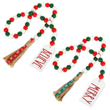 Whaline 2Pcs Christmas Wooden Bead Garlands Xmas Natural Wood Bead Garland with Rope Tassel Classical Red Green Beads Hanging Decor for Farmhouse Tiered Tray Home Wall Decor Christmas Party Suppliers Whaline