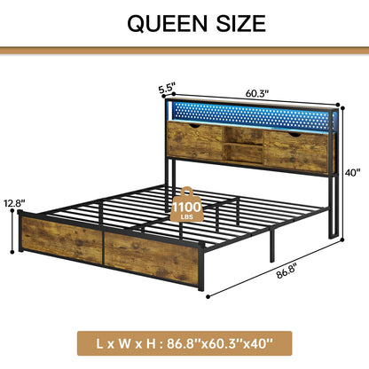 ADORNEVE Queen Bed Frame with Type-C & USB Charging Station, LED Bed Frame Queen Size with Storage Headboard, Metal Platform Bed with Headboard and LED Lights, No Box Spring Needed,Vintage Brown
