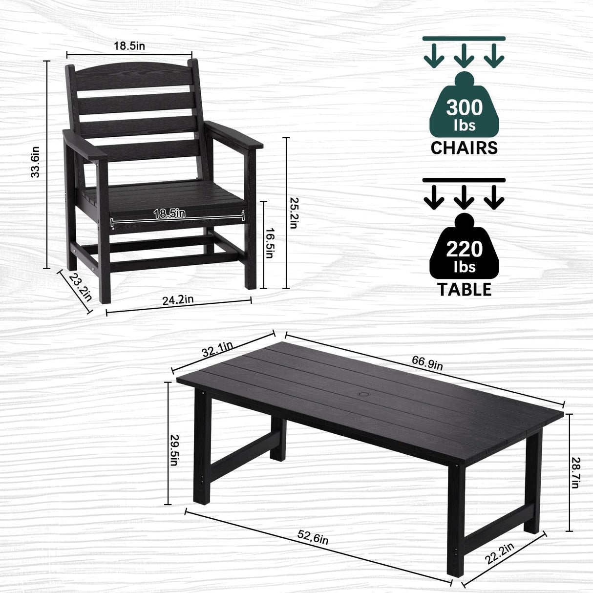 TenKa 7 Piece HDPE Patio Furniture Set for 6, Dining Table and Chairs, Outdoor Table with Umbrella Hole, Outdoor Dining Set for Garden, Backyard, Lawn, and Poolside TenKa