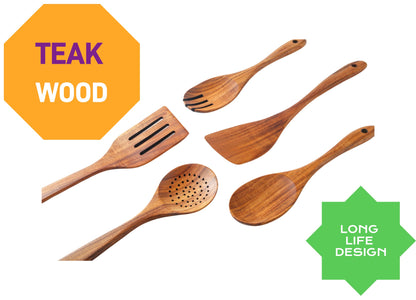 Yhendelion 5 Piece Wooden Spoons for Cooking - Natural Finish Wooden Cooking Utensils - Soft Grip Wood Spoons - Non-Stick Wooden Spoons