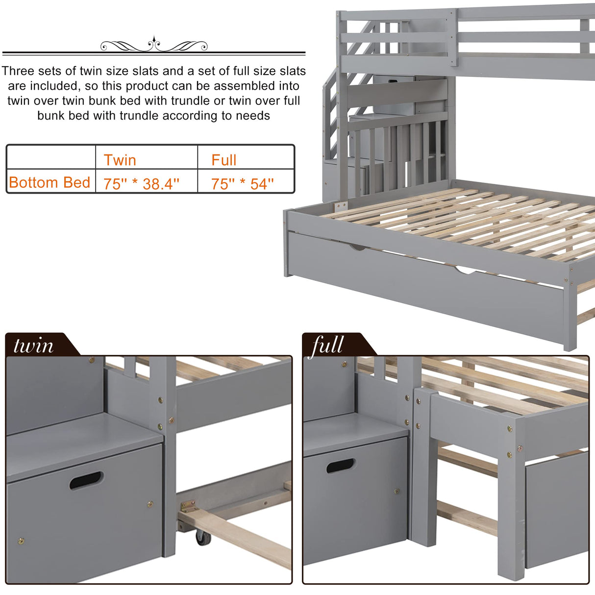Harper & Bright Designs Stairway Twin Over Twin/Full Bunk Bed with Twin Size Trundle and Drawers, Solid Wood Bunk Bed Staircase Can be Placed on The Left or Right Side (Grey) Harper & Bright Designs
