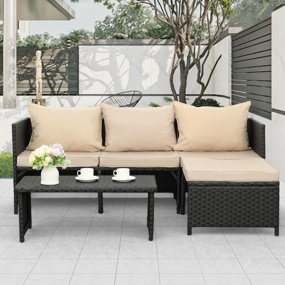 Valita 3-Piece Outdoor PE Rattan Furniture Set Patio Black Wicker Conversation Loveseat Sofa Sectional Couch Khaki Cushion Valita