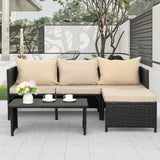 Valita 3-Piece Outdoor PE Rattan Furniture Set Patio Black Wicker Conversation Loveseat Sofa Sectional Couch Khaki Cushion Valita