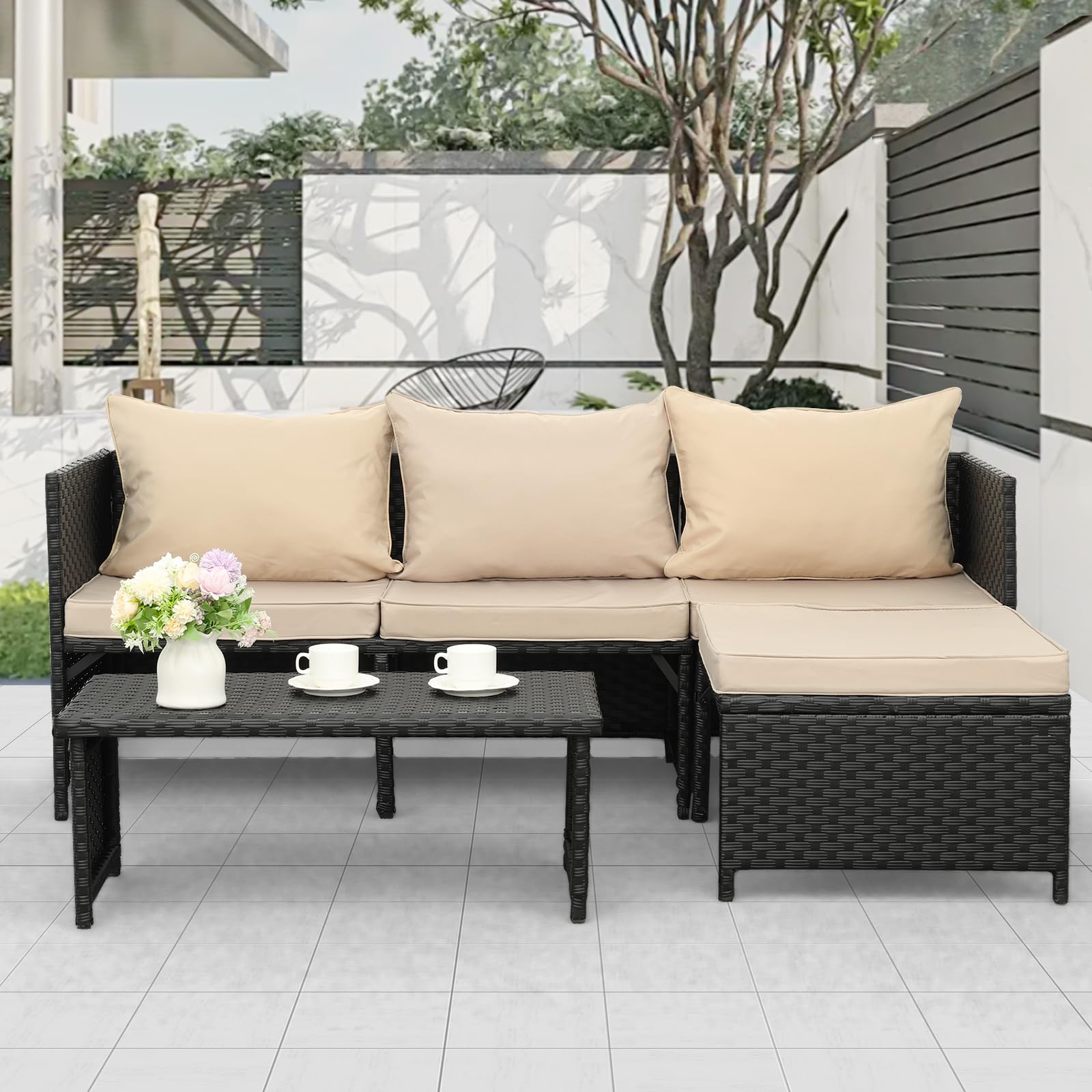 Valita 3-Piece Outdoor PE Rattan Furniture Set Patio Black Wicker Conversation Loveseat Sofa Sectional Couch Khaki Cushion - WoodArtSupply