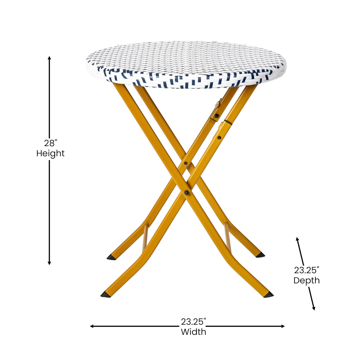 EMMA + OLIVER Ciel Three Piece Folding Bistro Set - Navy and White PE Rattan - Natural Finish Metal Frames - Indoor/Outdoor Use EMMA + OLIVER