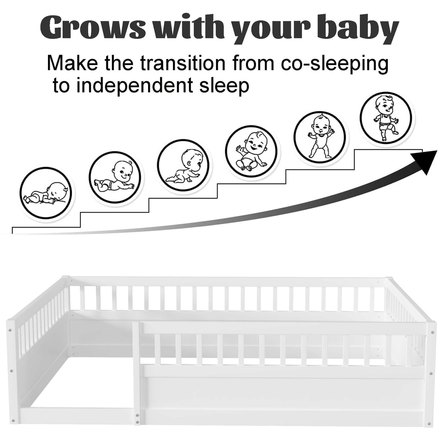 Mirightone Full Size Montessori Floor Bed with High Fence Rails in White for Kids - WoodArtSupply