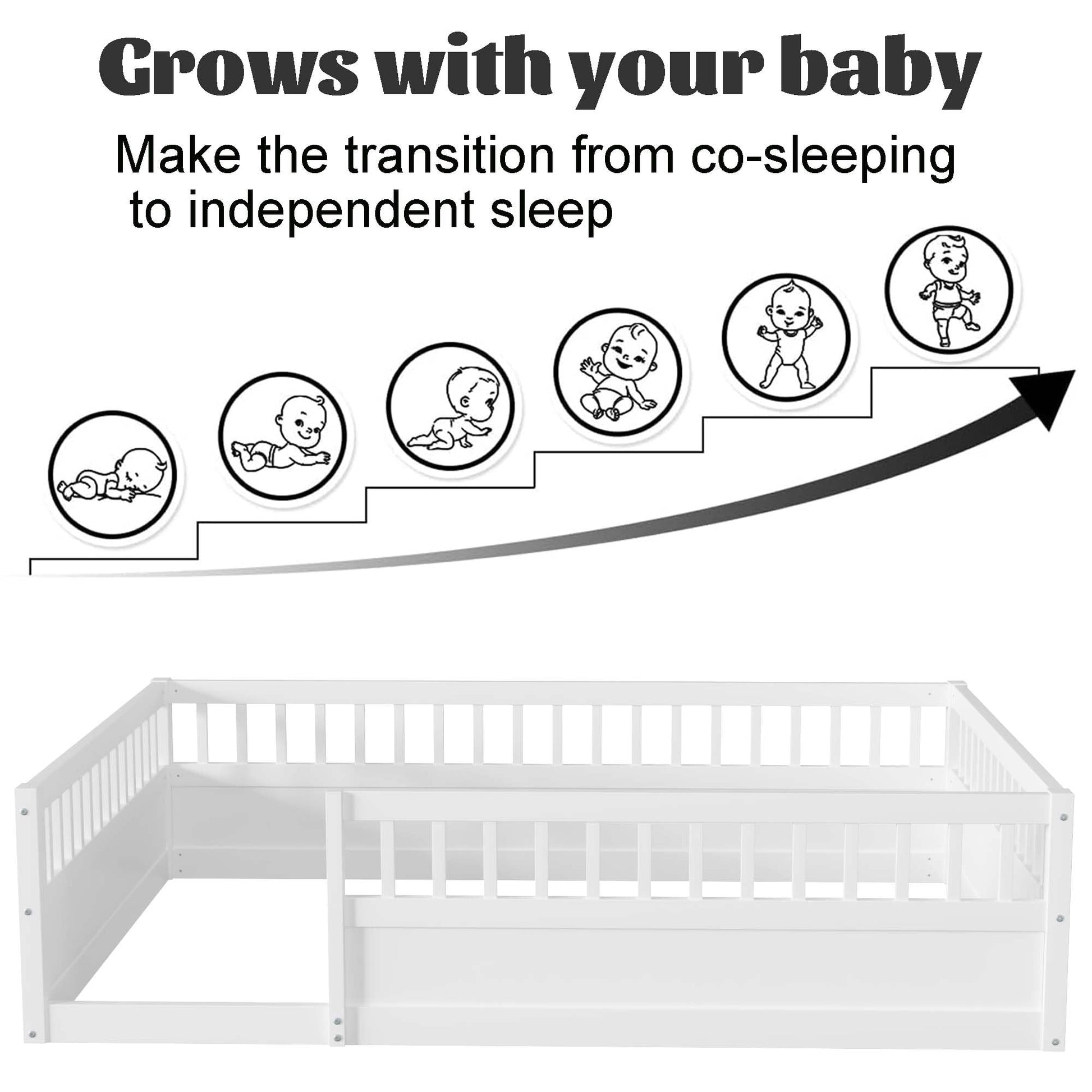 Mirightone Full Size Montessori Floor Bed with High Fence Rails in White for Kids - WoodArtSupply