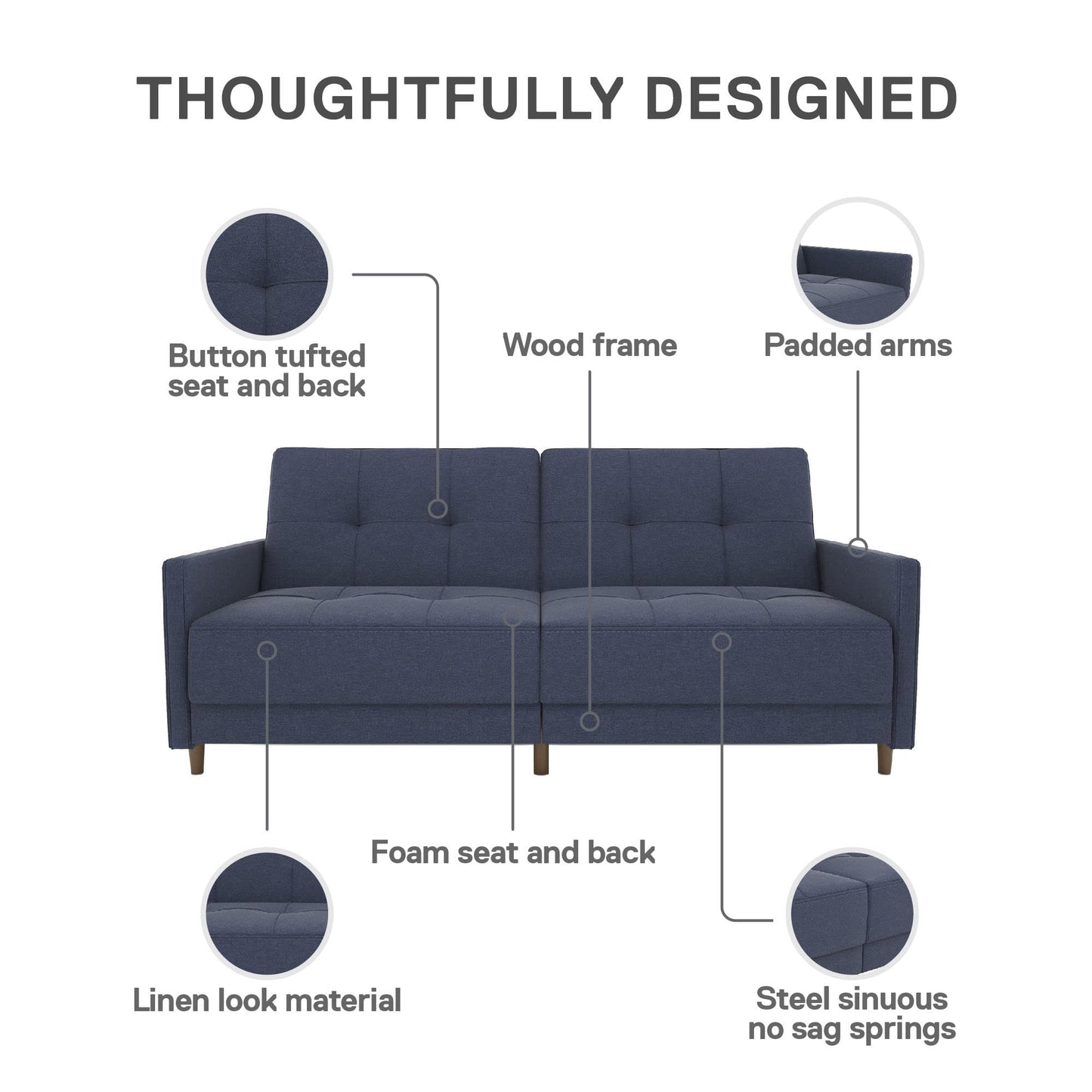 DHP Andora 76 Inch Futon Sofa Bed, Modern Upholstered Couch Sleeper with Button Tufted Back and Seat, Navy