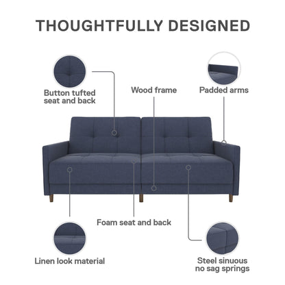 DHP Andora 76 Inch Futon Sofa Bed, Modern Upholstered Couch Sleeper with Button Tufted Back and Seat, Navy