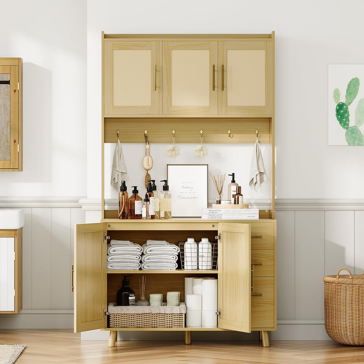 Garvee Rattan Pantry Cabinet, 71" Kitchen Pantry with Microwave Stand, Freestanding Hutch with Drawers, Doors and Hooks, Boho Storage Cabinet for Dining Room, Kitchen, Living Room, Natural Garvee