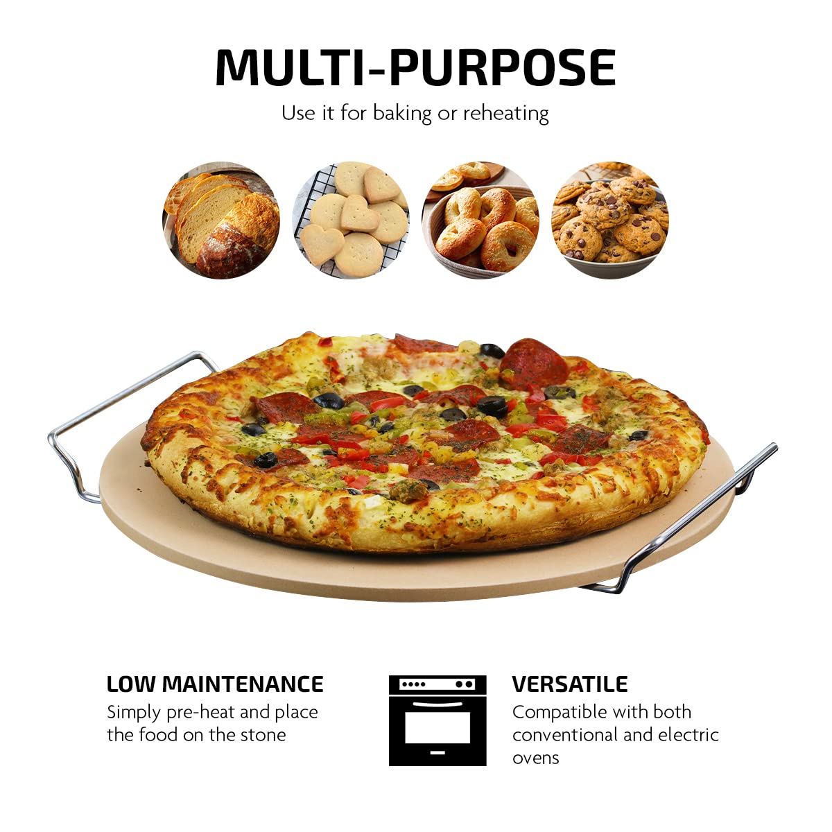 OVENTE Ceramic Flat 13 Inch Pizza Stone Set with Crust Cutter Wheel & Metal Rack/Handle, Compact Easy Storage Portable Baking Grilling Stone Thermal Shock Resistance for Oven Grill BBQ, Beige BW10132 OVENTE