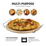 OVENTE Ceramic Flat 13 Inch Pizza Stone Set with Crust Cutter Wheel & Metal Rack/Handle, Compact Easy Storage Portable Baking Grilling Stone Thermal Shock Resistance for Oven Grill BBQ, Beige BW10132 OVENTE