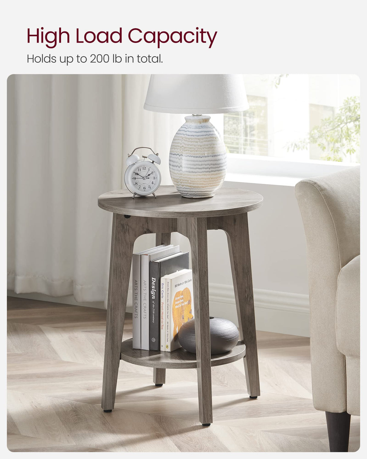 VASAGLE Side Table, Small Round End Table with Lower Shelf, Nightstand for Small Spaces, Living Room, Bedroom, Greige ULET283T02 VASAGLE