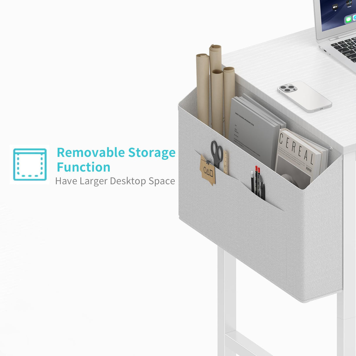 Lufeiya Small White Desk for Small Spaces, 24 Inch Kids Girls Study Writing Mini Desks for Bedroom, Simple Modern Laptop PC Little Side Table with Storage Bag Headphone Hook, White Lufeiya