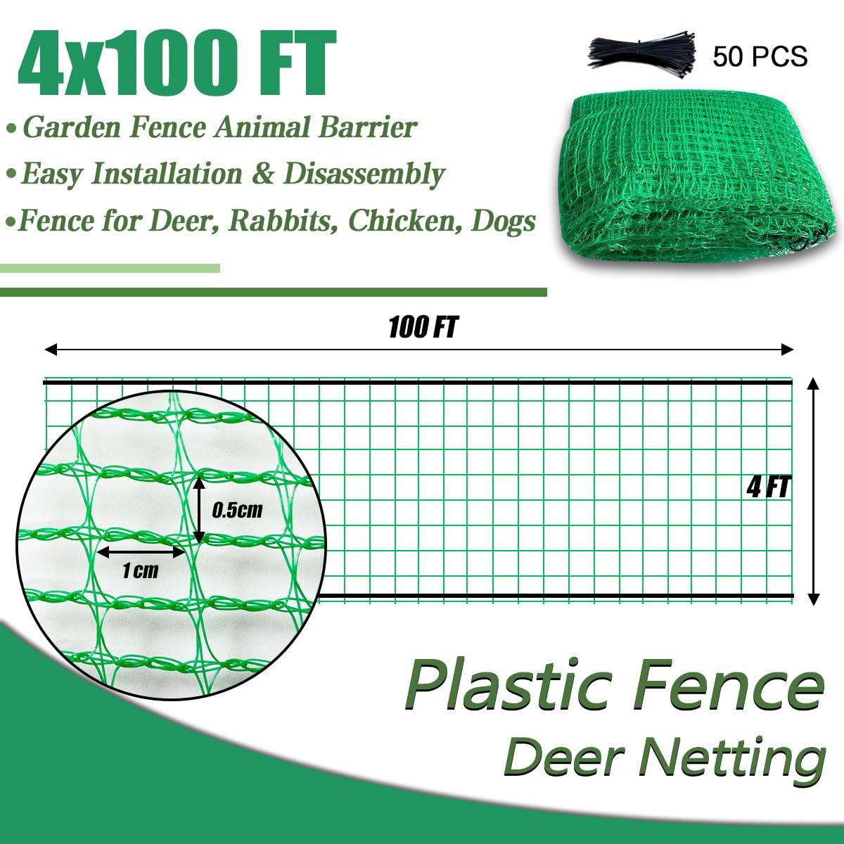 Hortifan Garden Fence Temporary Fence, 4'x100' with 50 Zip Ties, Plastic Fencing Safety Fence Snow Fence, Construction Fencing for Yard, Deer, Pet, Rabbits, Chicken, Dogs, Animal Barrier, Green HORTIFAN