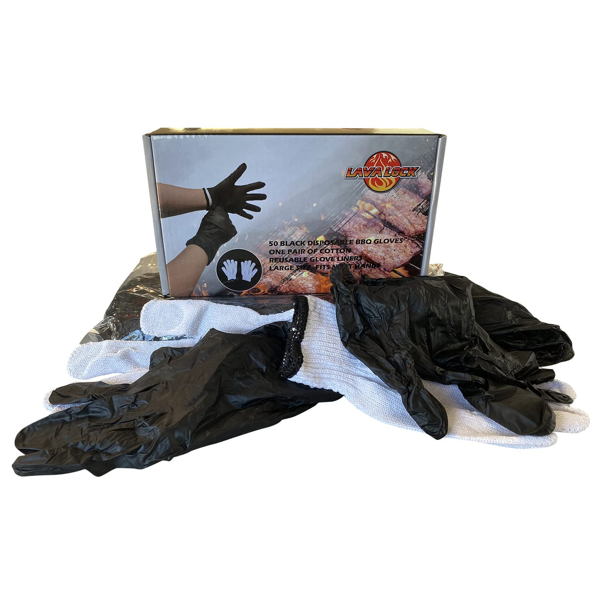 LavaLock Disposable Nitrile BBQ Gloves with Cotton Liners for Outdoor Cooking Grilling Smokers and Barbecue Competition, Chef or Kitchen use (Large 50 Count Black) LavaLock