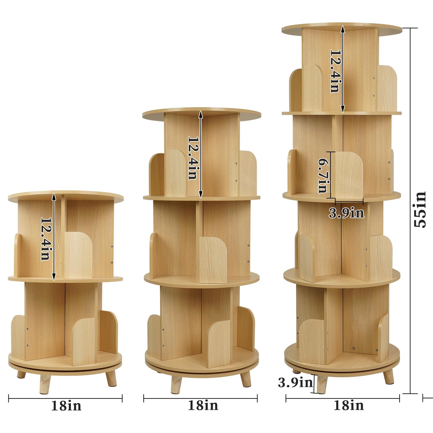 Ybaymy 4-Tier 360° Rotating Bookshelf Tower with Legs - Space-Saving Floor-Standing Wood Organizer for Living Room and Bedroom - WoodArtSupply